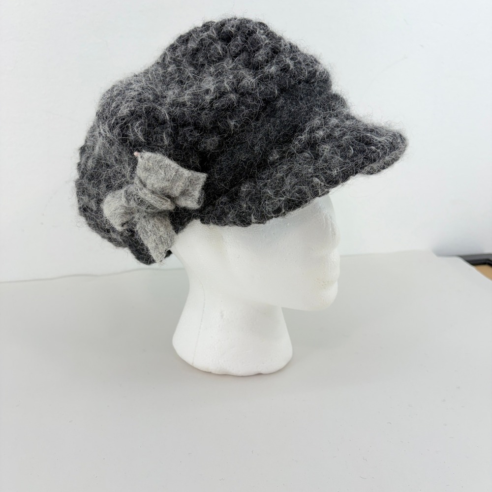 Lafenice Italy Wool Newsboy Cap Hat Bow Gray Fuzzy Boucle Knit Warm Cute Brim